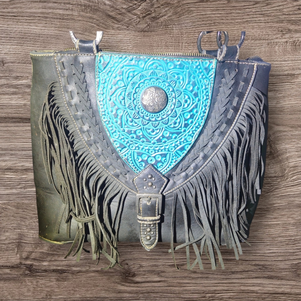 Elegant Fringe Shoulder Bag - Turquoise and Gray - Picture 2 of 14